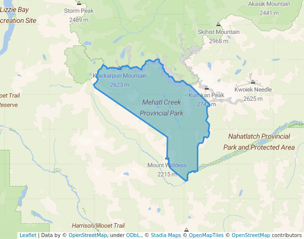 walking in Mehatl Creek Provincial Park map in Lytton
