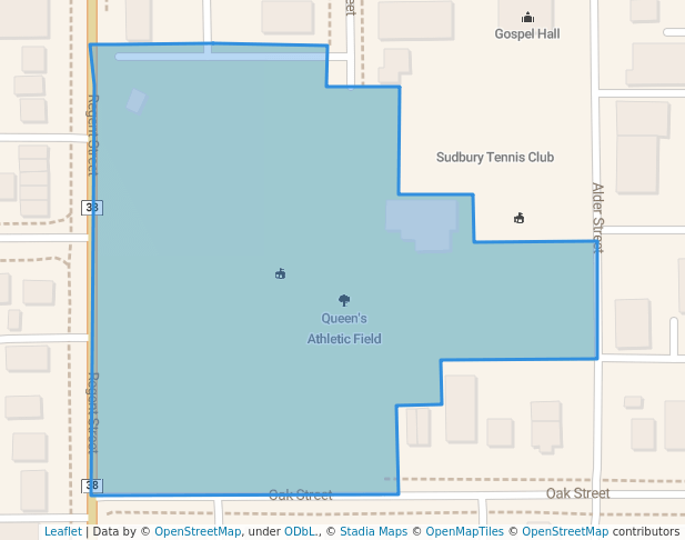 walking in Queen's Athletic Field map in Greater Sudbury