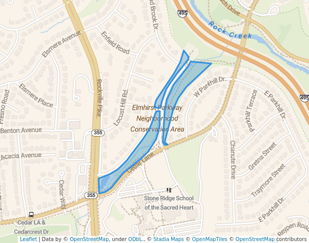 walking in Elmhirst Parkway Neighborhood Conservation Area map in Bethesda