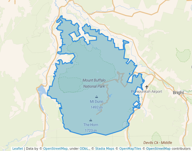 walking in Mount Buffalo National Park map in Buckland