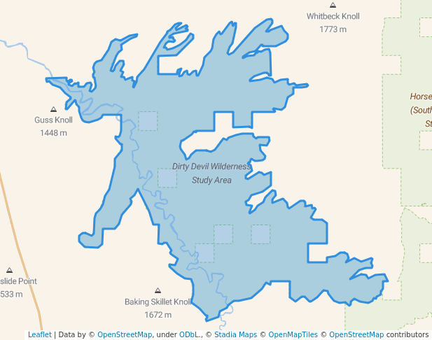 walking in Dirty Devil Wilderness Study Area map in Hanksville