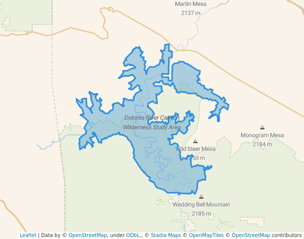 walking in Dolores River Canyon Wilderness Study Area map in Bedrock