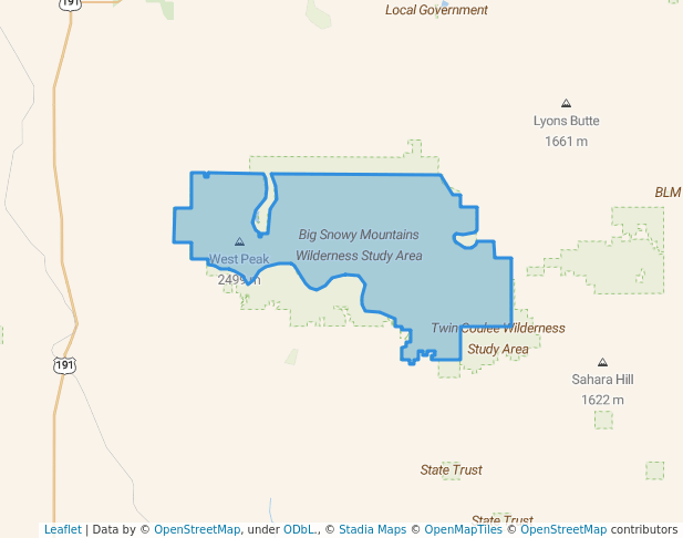 walking in Big Snowy Mountains Wilderness Study Area map in Lewistown