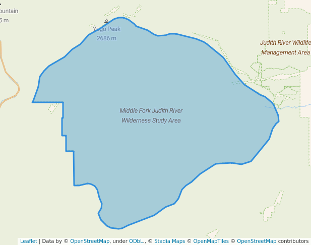 walking in Middle Fork Judith River Wilderness Study Area map in Stanford