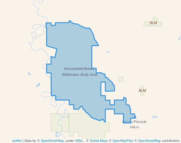 walking in Musselshell Breaks Wilderness Study Area map in Mosby