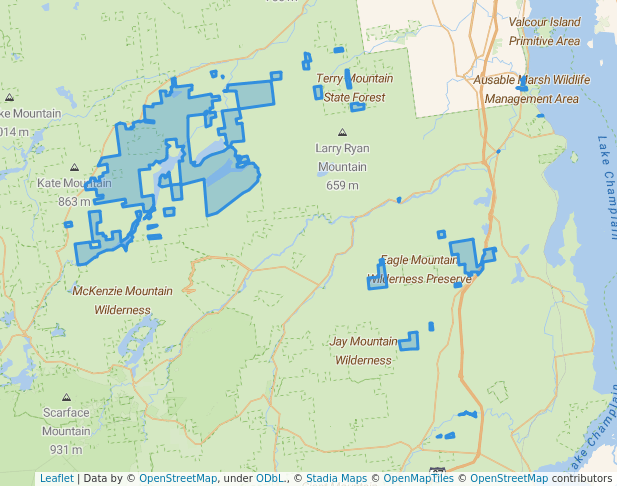 walking in Taylor Pond Wild Forest map in Au Sable Forks
