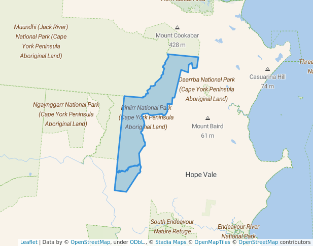 walking in Biniirr National Park (Cape York Peninsula Aboriginal Land) map in Degarra