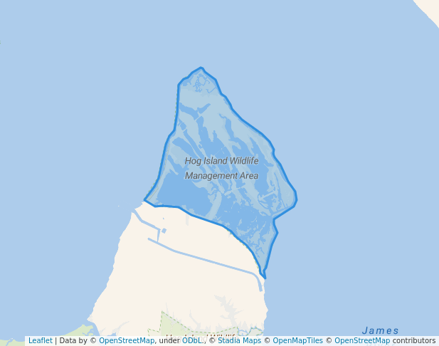 walking in Hog Island Wildlife Management Area map in Surry