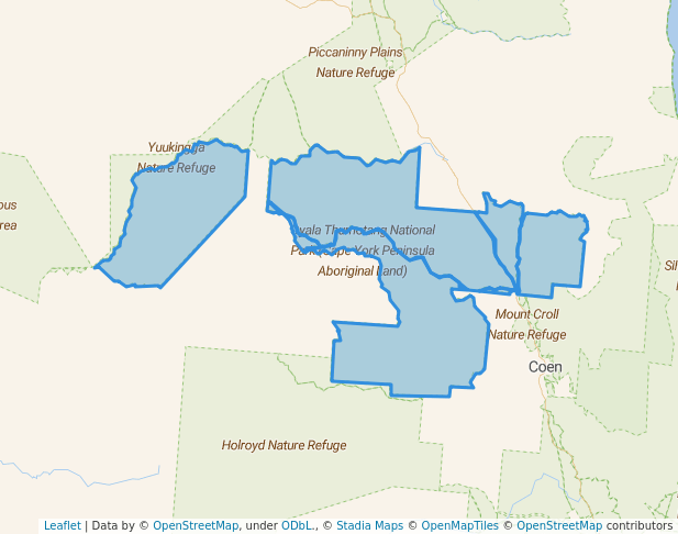 walking in Oyala Thumotang National Park (Cape York Peninsula Aboriginal Land) map in Coen
