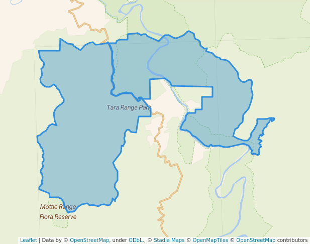 walking in Tara Range Park map in Yalmy