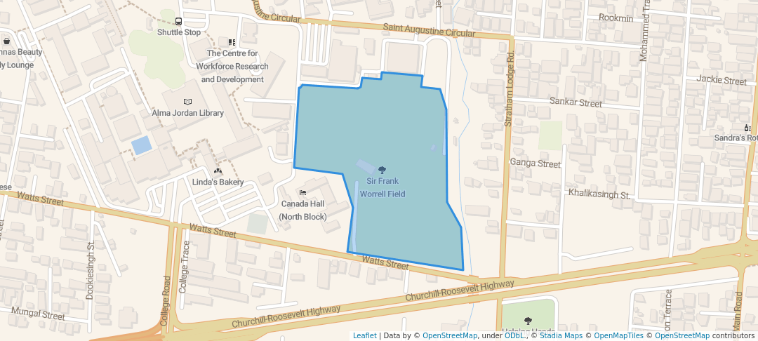 walking in Sir Frank Worrell Field map in Tunapuna