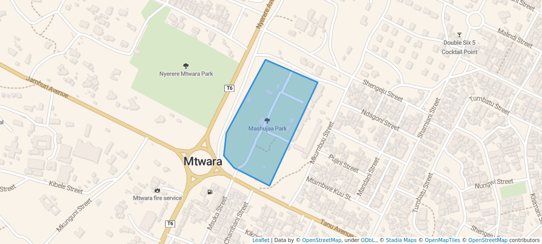 walking in Mashujaa Park map in Mtwara