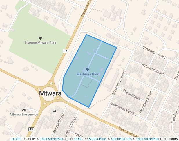 walking in Mashujaa Park map in Mtwara