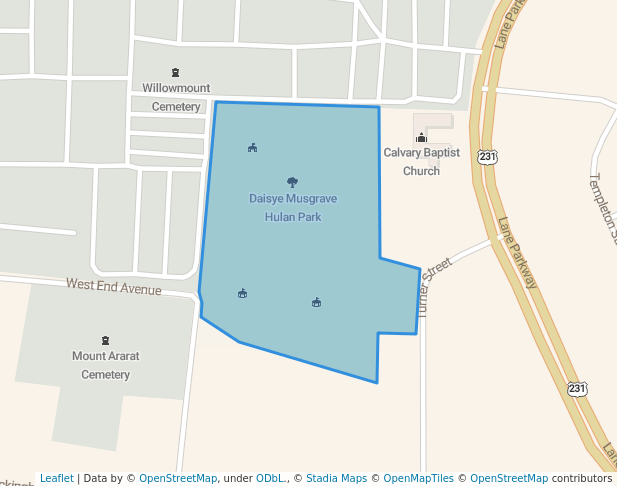 walking in Daisye Musgrave Hulan Park map in Shelbyville