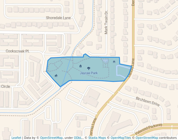 walking in Jaycee Park map in Farmers Branch