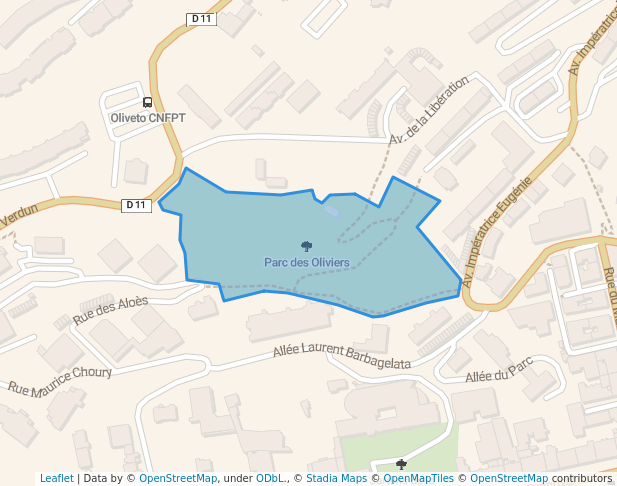 walking in Parc des Oliviers map in Ajaccio