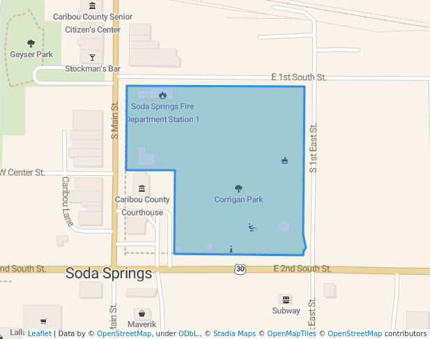 walking in Corrigan Park map in Soda Springs