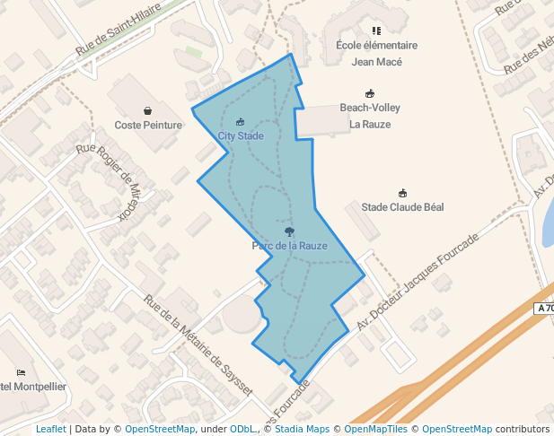 walking in Parc de la Rauze map in Montpellier