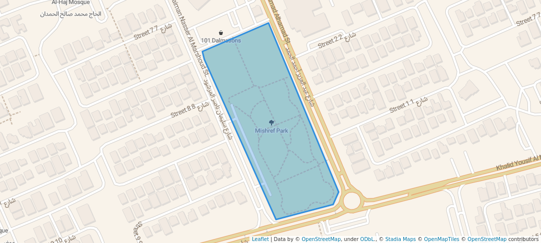 walking in Mishref Park map in Mubarak Al-Abdullah