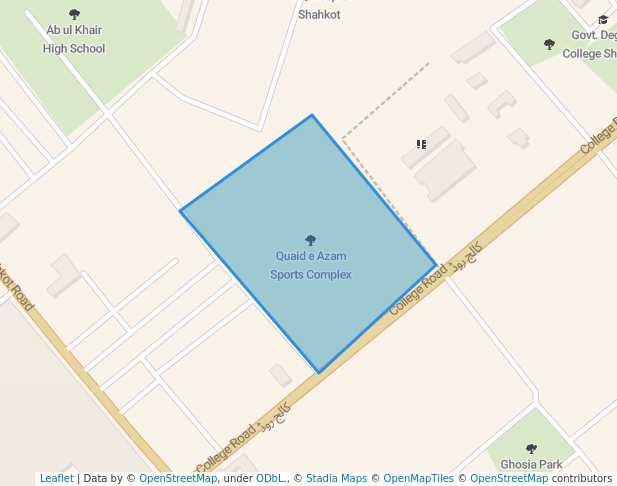 walking in Quaid e Azam Sports Complex map in Shahkot