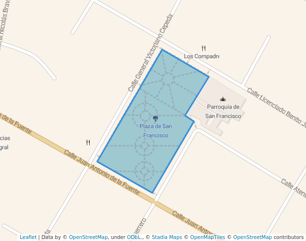 walking in Plaza de San Francisco map in Saltillo