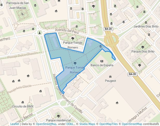 walking in Parque Tomás Romero map in Badajoz