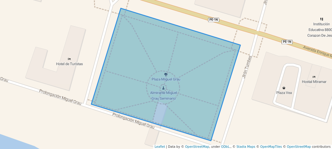 walking in Plaza Miguel Grau map in Chimbote