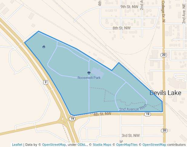 walking in Roosevelt Park map in Devils Lake