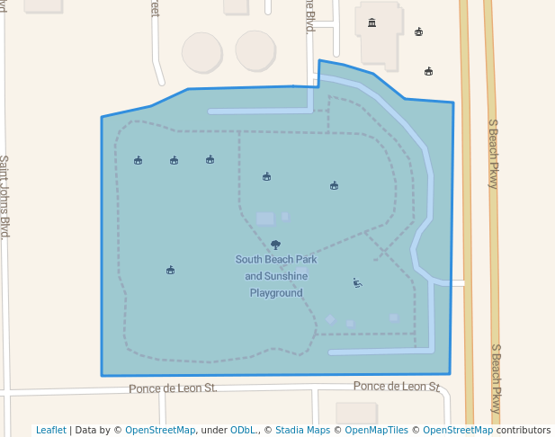 walking in South Beach Park and Sunshine Playground map in Jacksonville Beach