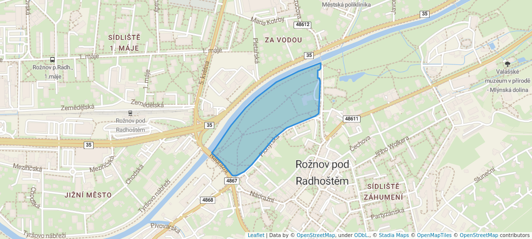 walking in Městský park map in Rožnov pod Radhoštěm