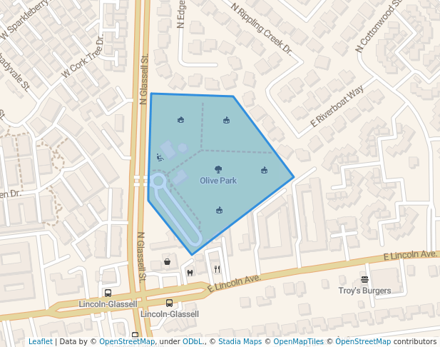 walking in Olive Park map in Orange