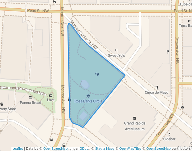walking in Rosa Parks Circle map in Grand Rapids