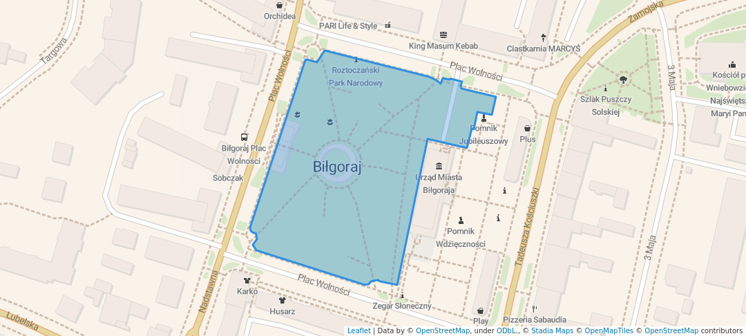 walking in Plac Wolności map in Biłgoraj