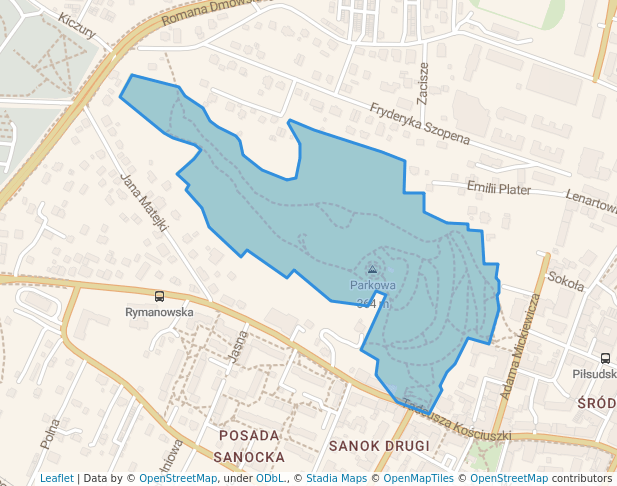 walking in Park miejski im. Adama Mickiewicza map in Sanok