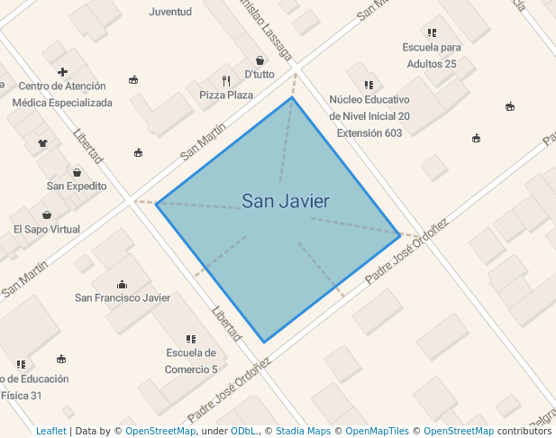 walking in Plaza 25 de mayo map in San Javier