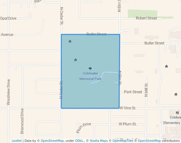 walking in Coldwater Memorial Park map in Coldwater
