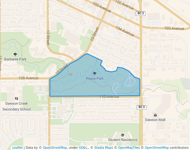 walking in Peace Park map in Dawson Creek