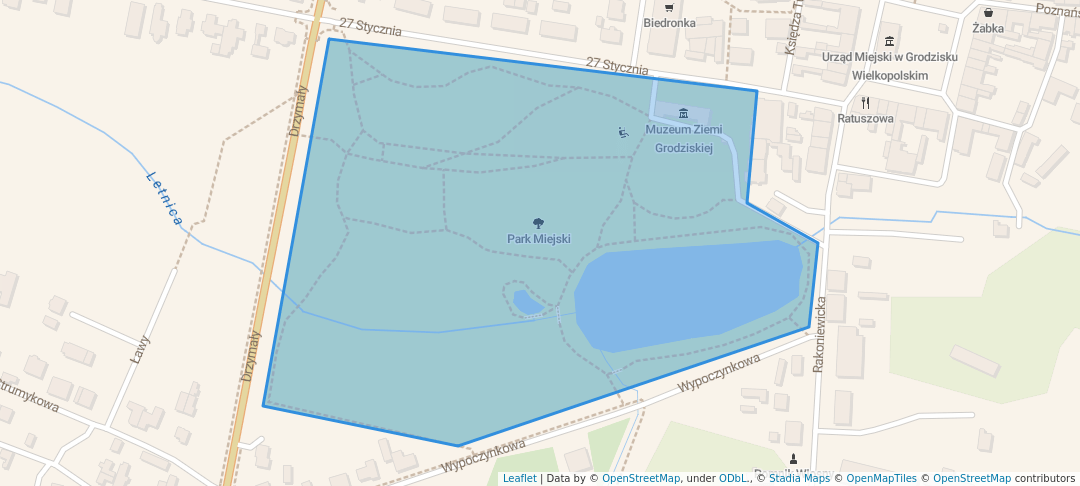 walking in Park Miejski map in Grodzisk Wielkopolski