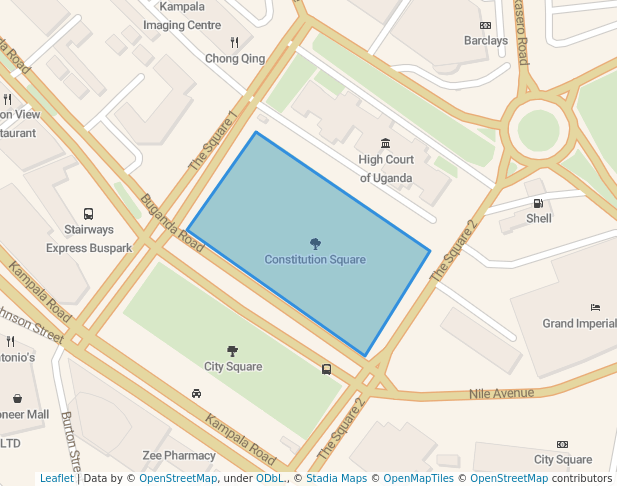 walking in Constitution Square map in Kampala