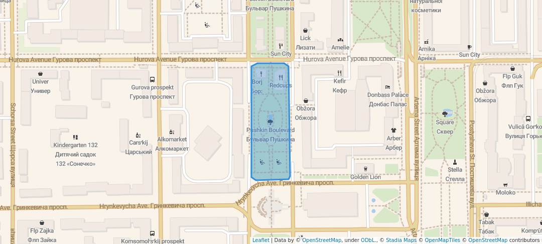 walking in Pushkin Boulevard map in Donetsk