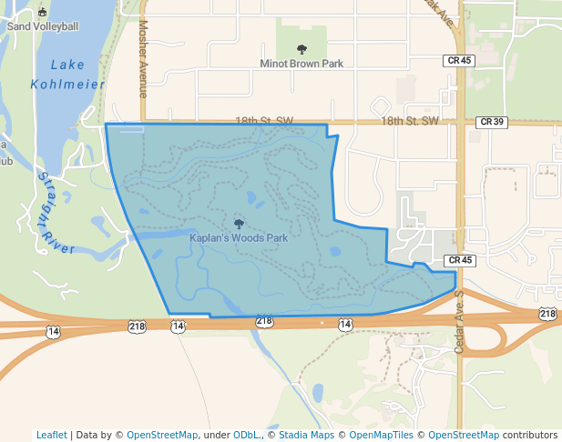 walking in Kaplan's Woods Park map in Owatonna