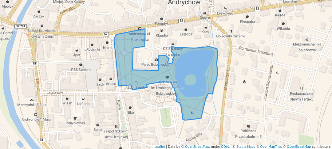 walking in Park Miejski im.Hrabiego Stefana Bobrowskiego map in Andrychów