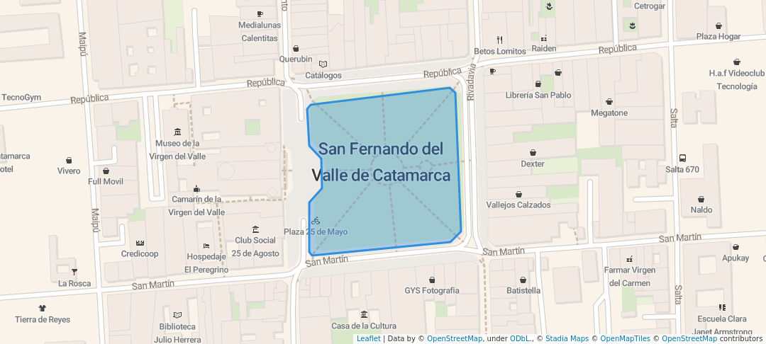 walking in Plaza 25 de Mayo map in San Fernando del Valle de Catamarca