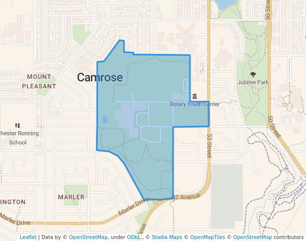 walking in Rudy Swanson Recreation Park map in Camrose