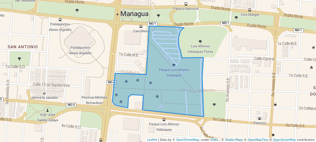 walking in Parque Luis Alfonso Velásquez map in Managua