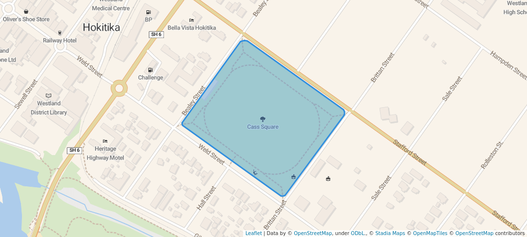 walking in Cass Square map in Hokitika