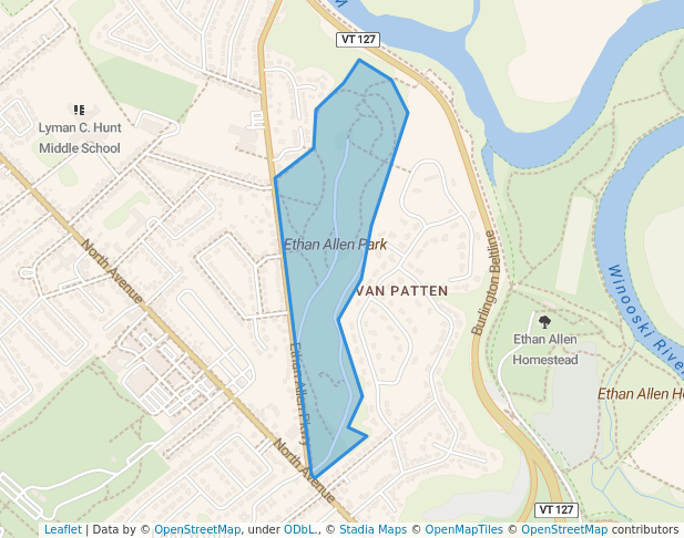 walking in Ethan Allen Park map in Burlington