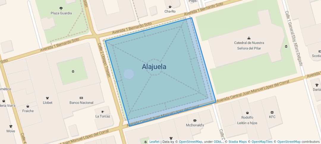 walking in Parque Central Gral. Tomás Guardia Gutiérrez map in Alajuela