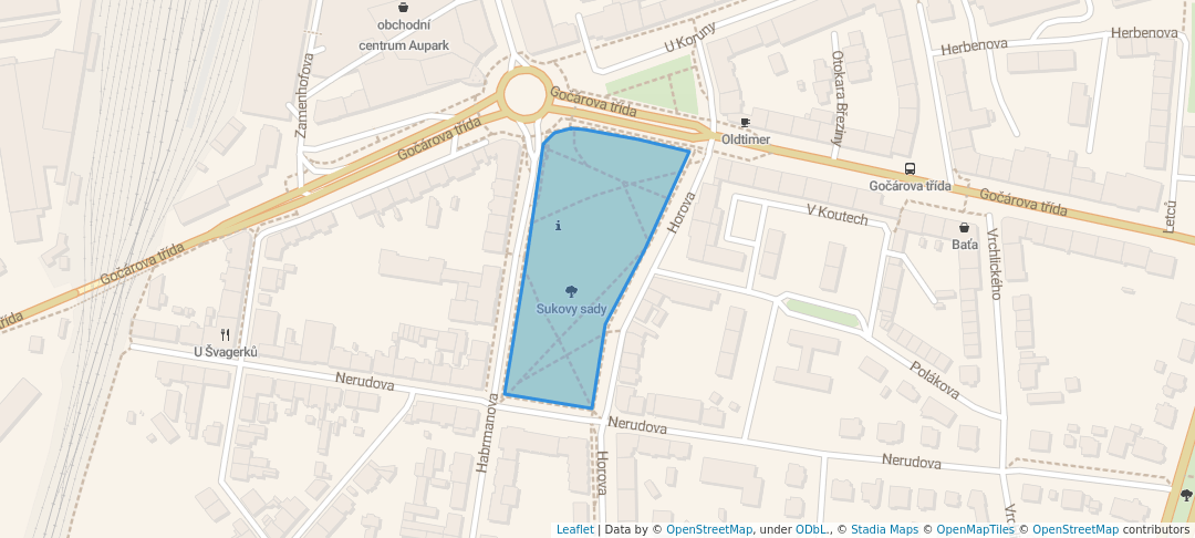 walking in Sukovy sady map in Hradec Králové