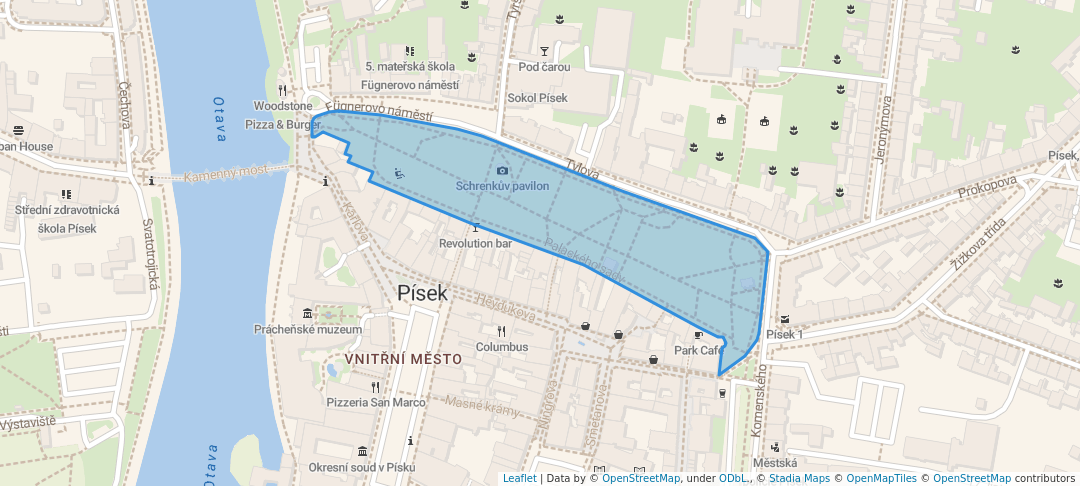 walking in Palackého sady map in Písek